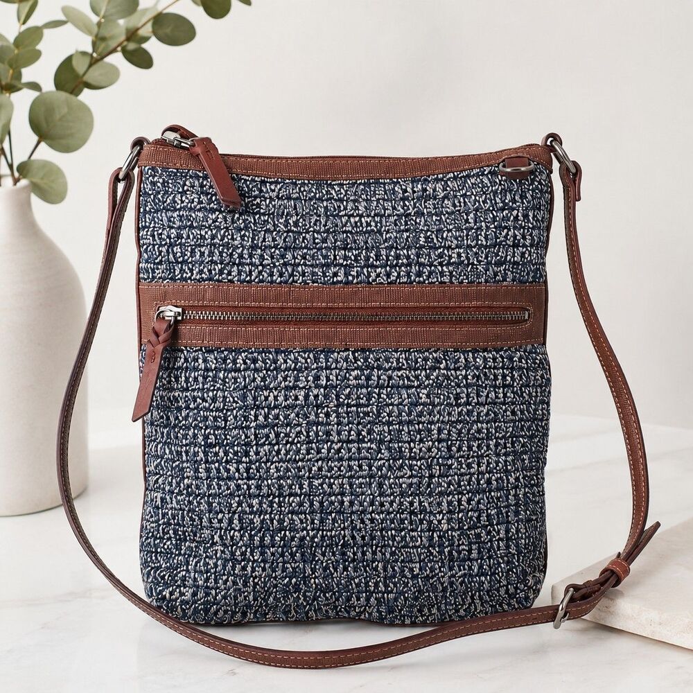 The Sak Lucia Crochet Crossbody Back Blue and Brown Marled Crochet Brown Trim